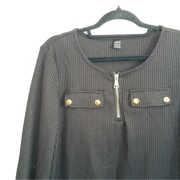 Shein Lune Black Gold Hardware Half Zip Flap Pocket Waffle Knit Top Large Women - Picture 3 of 9